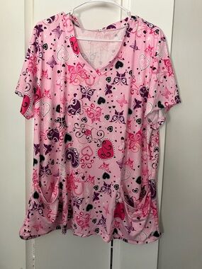 Women’s Pink Heart & Butterfly V-Neck Scrub Top